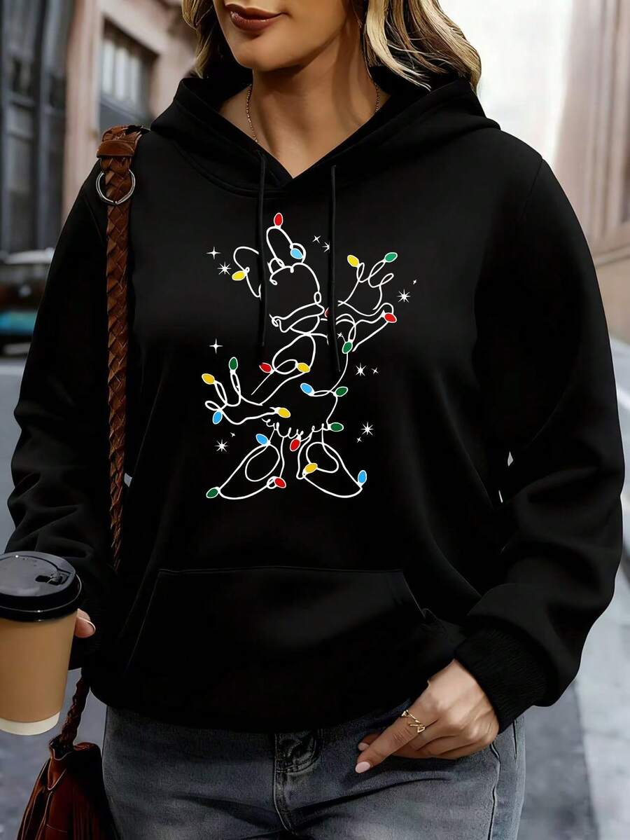 Disney Hoodie White Mickey Mouse Christmas Lights Print Casual Winter Wear - màu đen - Xem 1