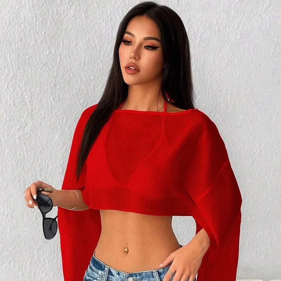 Cropped Cape In Transparent Tulle With Asymmetrical Flare Sleeves - 紅色 - 查看 1