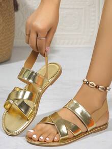 Women's Solid Color Flat Sandals, Casual Elastic Band Summer Shoes, Slip-On Beach Shoes