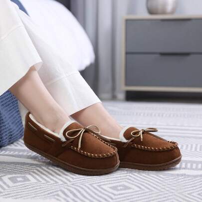 Pantufas femininas com laço Mark - Conforto fofo para casa, clima aconchegante de inverno, perfeitas para dias frios