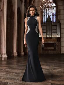 Váy dài xẻ tà lưới cổ đứng màu đen tương phản thời trang quyến rũ cho buổi tối trang trọng, tiệc cocktail, tiệc tối - màu đen - Xem 5