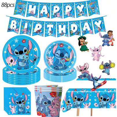 88 Pcs Stitch Party Supplies, Including Birthday Banners, Hanging Swirl Decorations, Napkins, Paper Cups, Tablecloth Decorations, Suitable For Birthday Celebrations, Party Decorations, Character Tableware, Cartoon Designs, Lightweight Materials, Paper, Decorative Plates, Tablecloth Set, Perfect For Fans And Birthday Occasions.