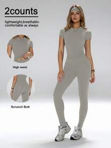 FWH Figure-Flattering,Versatile Wear,Tummy Control & Leg-Lengthening Effect ,Ideal For Yoga, Workouts Or Casual Outfits,Women's Yoga Outfit Set,High Waisted Workout Pants Set,Slimming Activewear 2 Piece,Tummy Control Yoga Clothes,Lim-Fit Round Neck Tee & High-Waisted Yoga Pants,Women's Fashion Essential 2-Piece Set