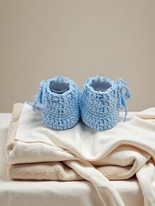 1 Pair Handmade Crochet Infant Booties, Knitted Infant Slippers, Indoor Floor Socks - Baby Blue - View 8