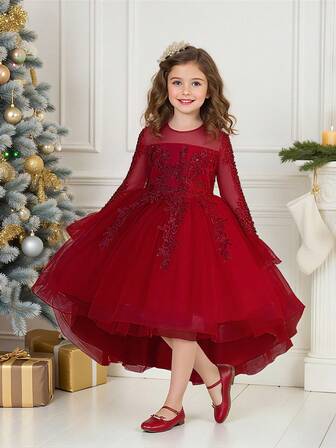 Long Sleeve Sequin Applique Tulle Elegant White Tailcoat Princess Dress, Suitable For Flower Girl, Wedding, Birthday Party, Without Headband