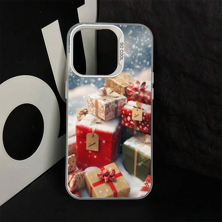 Una caja de regalo con temática navideña que presenta copos de nieve y diseños invernales, también disponible en versiones con temática de Halloween.Esta funda de teléfono moderna y linda es compatible con Apple  16, 15, 14, 13, 12, 11 Pro Max, Pro Plus y 16E. - Colores mixtos - Añade 7