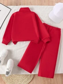 Bộ áo nỉ cho bé gái, thời trang thu mới, màu trơn, phong cách tối giản, in chữ, cổ phễu, tay dài, khóa kéo nửa và quần ống đứng màu xám, 2 món/bộ - Đỏ - Xem 9