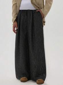 Men's Street Style Striped Wide Leg Pants, Fashionable Draping Straight Leg Casual Business Striped Wide Leg Trousers, Autumn/Winter - Black - View 1