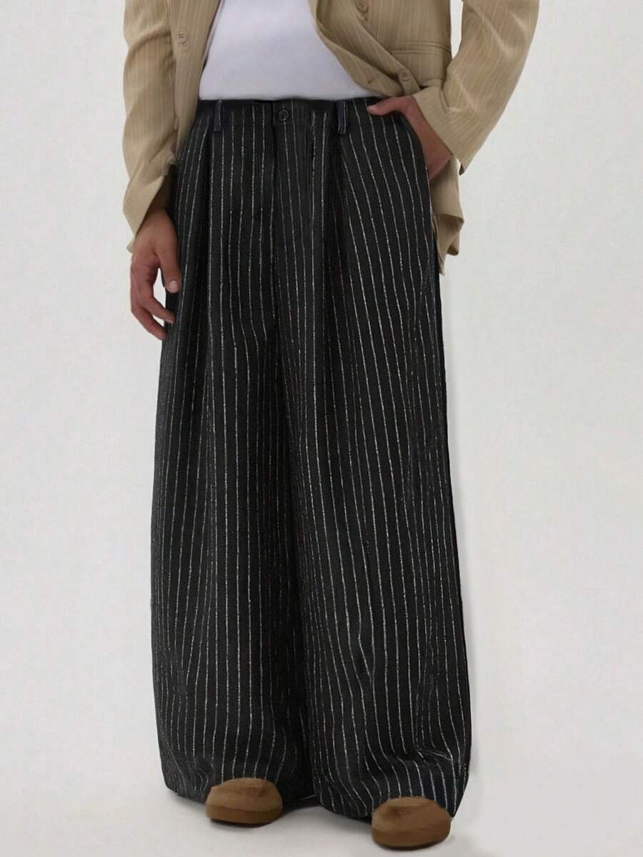 Men's Street Style Striped Wide Leg Pants, Fashionable Draping Straight Leg Casual Business Striped Wide Leg Trousers, Autumn/Winter - Black - View 1