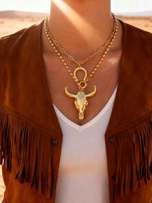 1pc Unique Western Cowboy Style Gold-Tone Beaded Horseshoe & Bull Head Alloy Pendant Necklace, Suitable For Women's Outings, Daily Wear, Parties, Western-Themed Travels And Music Festivals. 18K Gold Plated Hip-Hop Punk Versatile Jewelry, Gold Accessories, Gift For Friends And Loved Ones - Gold - View 5