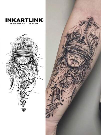  INKARTLINK 天秤座正义女神渐变纹身，欧式风格，防水持久1-2周，假纹身，逼真纹身，几何图案，果汁纹身，植物纹身