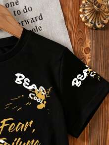 小男孩卡通熊图案圆领短袖休闲T恤 - 黑色 - 查看 4