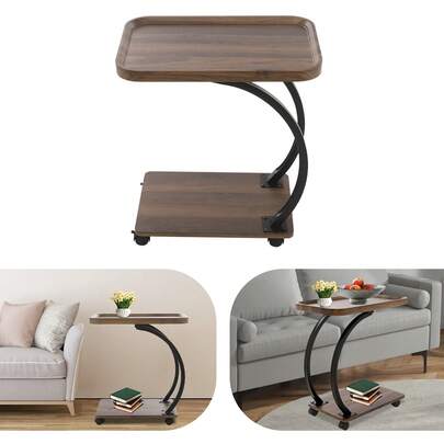 Kompakter und stilvoller C-förmiger Beistelltisch mit 2 Ablageflächen – Aus hochwertigem Eisen, mit Rädern und praktischer Stauraumfunktion für Ihr Zuhause