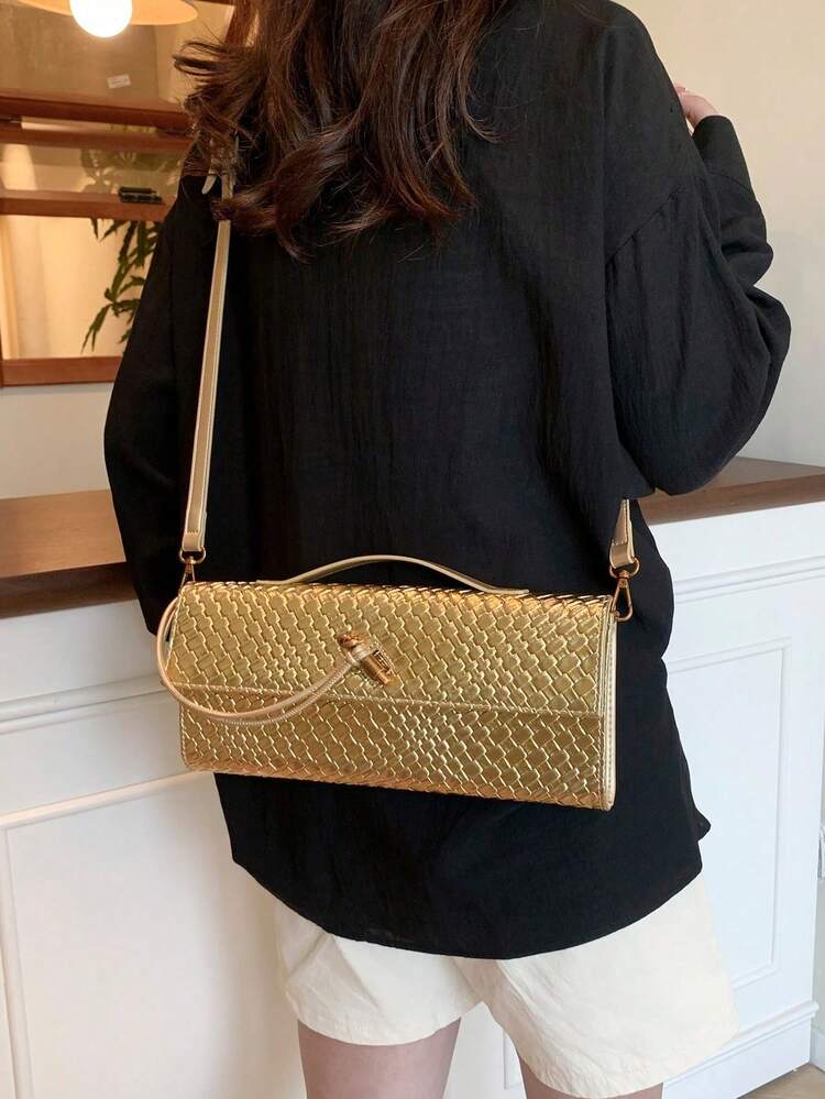Women's High-Quality Solid Color PU Faux Woven Crossbody Clutch Bag - Gold - View 3