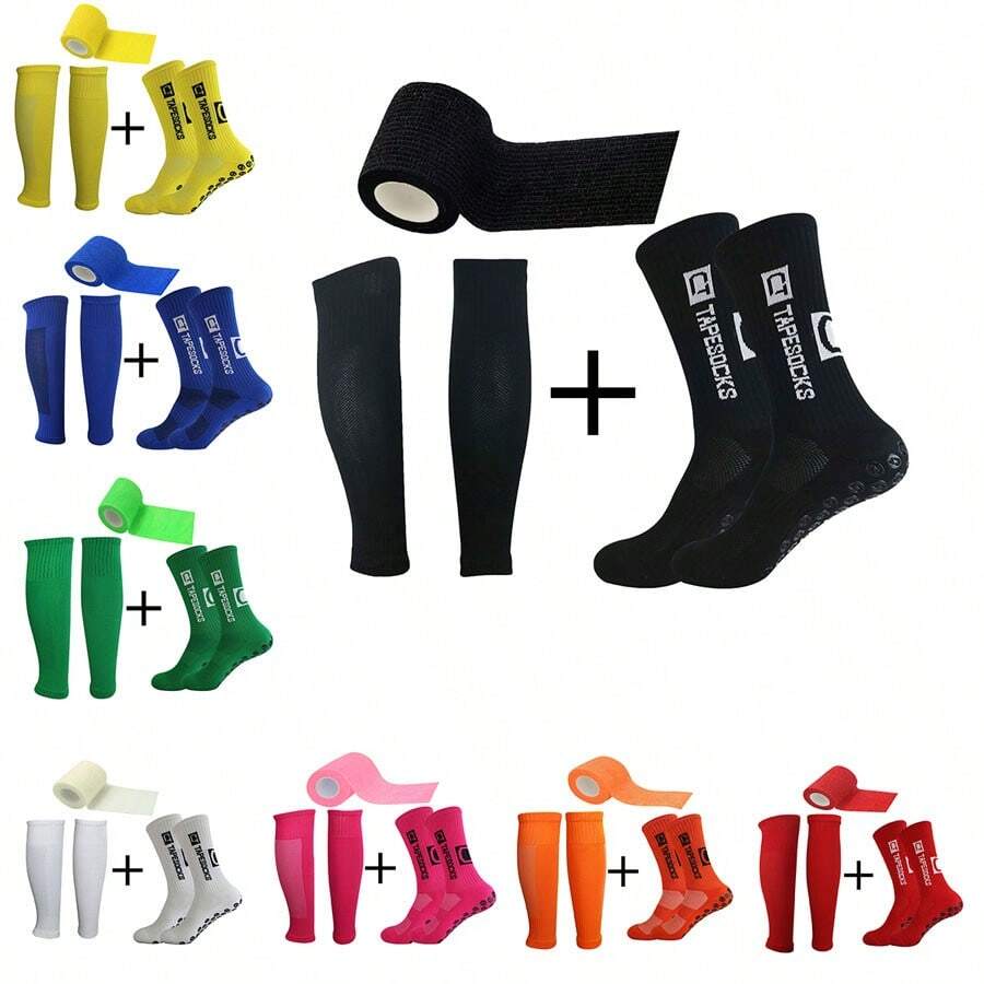 3 Stücke/Set selbstklebende Fußballsocken für Herren, dick, feuchtigkeitsableitend, rutschfest, stoßabsorbierend Kniestrümpfe für Basketball Sport mit Beinmanschette & Bandage