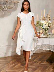 Women Valentine White Cap Sleeve Asymmetrical Ruffle Bodycon Dress With Button Elegant Spring Wedding Guest Cocktail Party - White - View 1