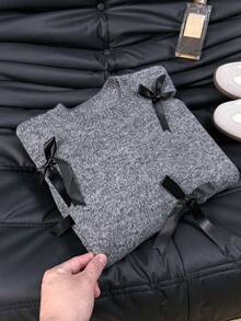 EAVA 复古设计懒人风手工蝴蝶结宽松针织毛衣女款毛衣，可爱优雅风格 - 灰色 - 查看 8