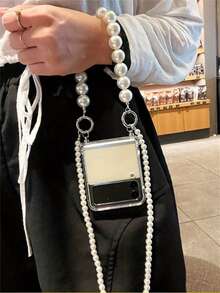 New Stylish Pearl Crossbody Shoulder Strap Chain Lanyard Folding Phone Case Compatible With Samsung Galaxy Z Flip7 Flip6 Flip5 Z Flip 4 3 Luxury Anti-Drop Protect Clear Back Cover - Clear - View 4