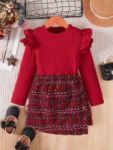 2pcs/Set, Ruffle Trim Long Sleeve Top + Tweed Knit Skirt - Spring/Autumn Outfit, Girls Set, Gift, Teen Clothing - Red - View 2