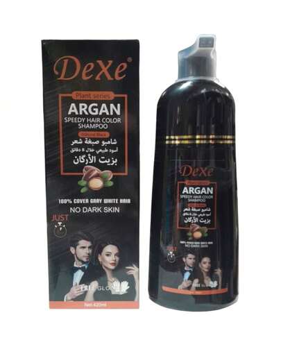 Lattafa Champu Tinte Negro Dexe 420ml, Champú tiñe canas cubre 100 % ,Champú con aceite de argán, colágeno aloe vera Tinte instantáneo en 8 min NOVEDAD
