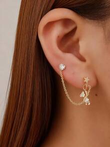 2pcs Cute Bear Pendant Earrings, With Chain, Double Piercing Ear Cuff Cartilage Earrings - Gold - View 5