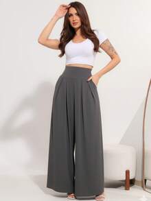 Wide-Leg, Loose-Fitting Palazzo Pants In Viscose/Lycra Knit Fabric With A Wide Waistband And High Waist And Pleats. - Dark Grey - View 1