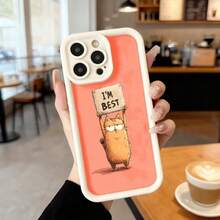 Cubierta de telefono con borde negro y parte trasera naranja con estampado de gato sosteniendo cartel que dice IM BEST para uso diario en cafeterias y espacios urbanos Aplicable a los teléfonos de la serie Apple y Galaxy - Blanco - Ver 2