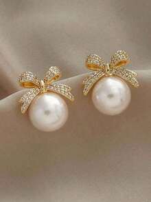 1pair Bowknot-Shaped Faux Pearl & Rhinestone Inlaid Earrings With Elegant And Sophisticated Design Valentines - 多色 3 - 查看 4