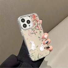 Pink Blossoms Cute Rabbits Element-design phone case, suitable for  models 16, 15, 14 Pro Max, 13, 12, 11, XR, XS Plus phone cases, made of TPU silicone material, providing shock and drop protection, with drop protection function, and has a very good hand feel. It is the most suitable gift for family, friends, and loved ones. - シルバー - チェックする 2