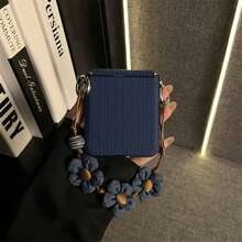 奢华 Y2K 草编图案深蓝色手机壳,牛仔布花朵手链设计,兼容三星 Galaxy ZFlip7、Z Flip6、ZFlip 5 后盖 - 寶藍色 - 查看 5