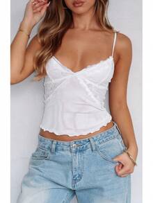 European And American Style Sexy V-Neck Lace Patchwork Solid Color Camisole New Slim Fit Versatile Top - 白色 - 查看 7