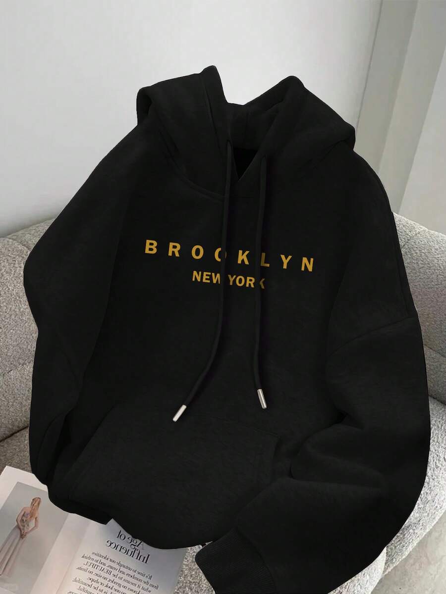 brooklyn   print hoodie cool hoodies for men casual pullover hooded sweatshirt with kangaroo pocket for winter - Negro - Ver 1