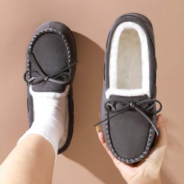 Pantufas femininas com laço Mark - Conforto fofo para casa, clima aconchegante de inverno, perfeitas para dias frios