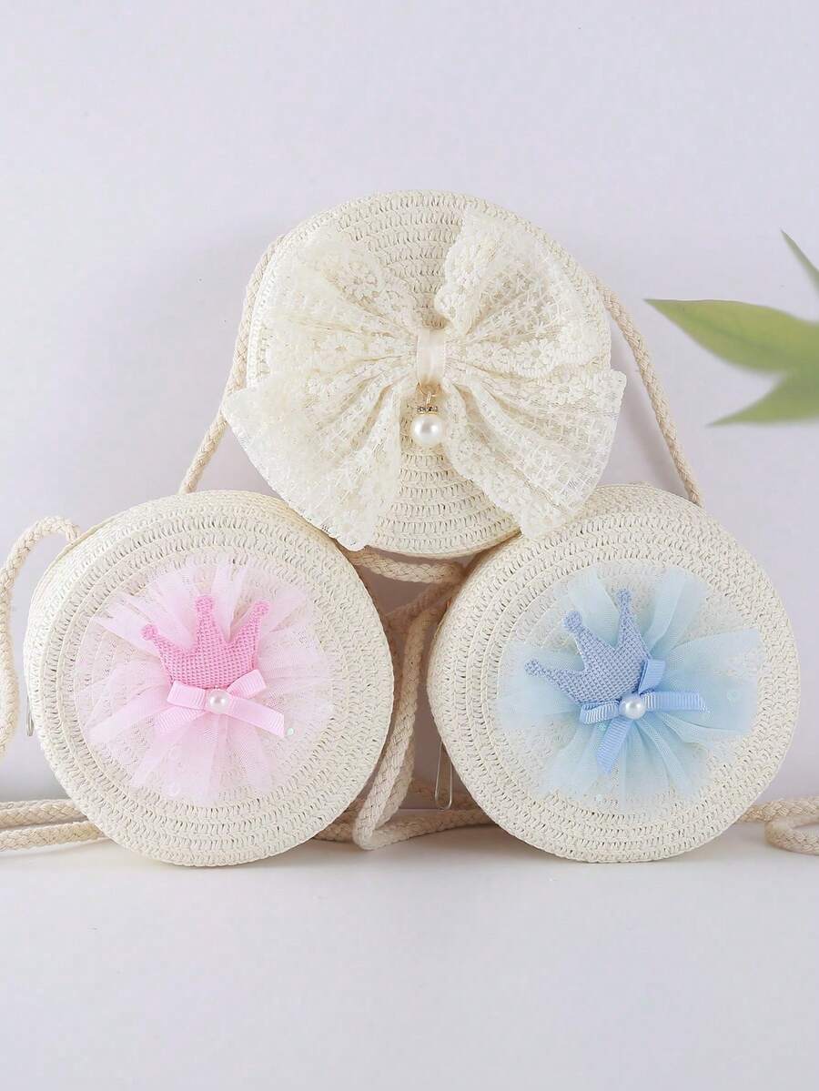 1 pezzo Mini borsa a tracolla per bambine in materiale di paglia con fiocco in rete, chiusura con cerniera, tracolla in corda di cotone, adatta per spiaggia e uso quotidiano, borsa portamonete casual