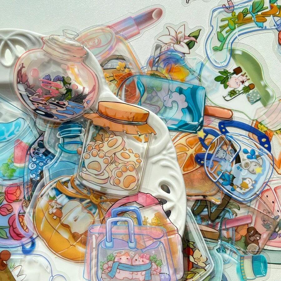 50pcs Cartoon Transparent Object Stickers For Luggage, Laptop, Notebook, IPad, Phone, Diary, DIY Skateboard, Water Bottle, Guitar, Helmet, Waterproof Decals Back To School - 多色 - 查看 1