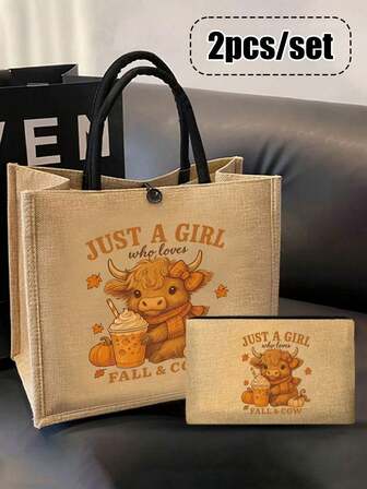 Charming Highland Cow Printed Black Linen Handbag Set,Cute High Ground Cow Holding Milk Tea Pattern,Women's Linen Large Capacity Tote Bag,Personalized Gift Bag, Commuting Bag And Zipper Beauty Bag, Suitable For Weddings, Birthdays, Beaches, Holidays, It Is The Perfect Gift For Women, Mothers, Teachers, Friends, Bridesmaids, Big Bags, Students And Back To School,Suitable For Nature Enthusiasts And Women