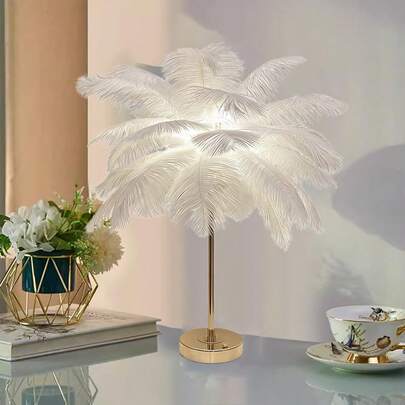 1pc Rechargeable Feather Light Artificial Feather Lamp Golden Elegant Artistic USB Low-Voltage Powered Fabric Woven Shade Iron Body Uses Exhibit Hall Hotel Cafe Lighting Couples Home Bedside Romantic Living Room Decor Table Lamp(30/40 Feathers)