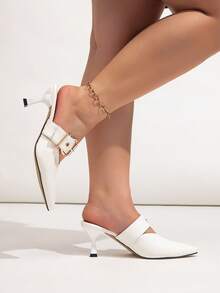 宽楦米色PU皮鞋面，大号金属搭扣装饰细高跟露跟女式正装鞋，适合日常穿着、宴会、派对等场合，猫跟鞋 - 米色 - 查看 5