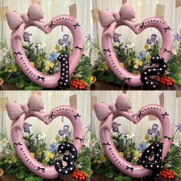 Juego de globos de lámina con forma de corazón de 40 pulgadas en color rosa y crema (0-9) con lazos de cinta negra y pegatina "Feliz Cumpleaños", decoraciones de globos con lazo rosa, adecuado para fiestas de cumpleaños, actividades al aire libre, aniversarios, decoración de fondo de boda, suministros de globos