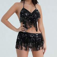 2 Peças Conjunto de Fantasia de Dança do Ventre para Mulheres, Lenço de Quadril com Franjas Bordadas e Top de Maiô Bikini, Acessório para Carnaval, Festival, Festa e Clubes