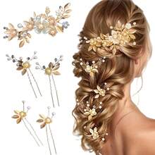 5 piezas Accesorios para el cabello de boda con flores, Set de pasadores de pelo de lujo minimalistas con perlas falsas, para verano, playa, festival, cumpleaños - Dorado - Ver 2
