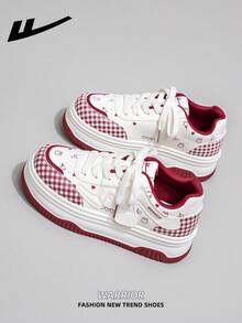 1 Pair WARRIOR Women's Thick Sole Lace-Up Soft Bottom Casual Shoes, Low-Top Outdoor Flat Shoes, Round Toe Low Heel Non-Slip Solid Color Elegant Soft Bottom Hiking Shoes, Suitable For Students, Graduation Photos, Flat Shoes, Women Leather Skate Sneakers - Rice/Wine Red - View 5