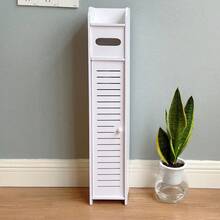 1pc Large Capacity Minimalist White Bathroom Wooden Slim Storage Cabinet, Narrow Gap Fit + Doors For Dust Protection, Toilet Space Saver With Built-In Tissue Holder, Ideal For Small Bathrooms - White - View 9