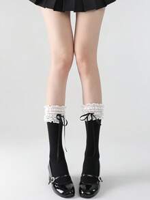 1 双蝴蝶结蕾丝边女式中筒袜，可爱甜美洛丽塔芭蕾风格，秋季袜子 - 彩色 - 查看 9