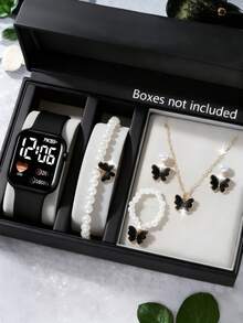 Set de 6 ceasuri electronice drăguțe și la modă pentru femei, cu afișaj digital în formă de inimă și LED, echipate cu brățară cu bijuterii fluture, colier, inel, set de cercei, potrivite pentru viața de zi cu zi, cum ar fi întoarcerea la școală, petreceri și călătorii, cadou de ziua de naștere, Ziua Îndrăgostiților, sezonul absolvirii, Crăciun, cadoul perfect pentru doamne
