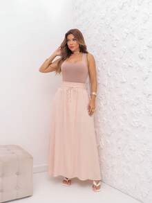 AMY FASHION LONG STRIPED SKIRT WITH SLIT AND THICK WAIST BAG FASHION 2025 - Beige - View 6