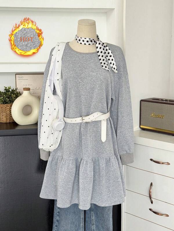 Women's Autumn Pleated Loose-Fitting Short Skirt With Solid Color Long Sleeves Dress