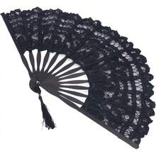 Abanico Plegable de Encaje con Huesos de bambú, Estilo Vintage, Portátil y Liviano, para Decoración de Ropa de Alto Rendimiento - Negro - Ver 3