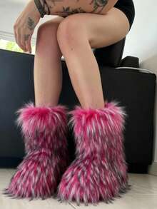 Women's Winter Furry Snow Boots Fuzzy Fluffy Round Toe Suede Booties Flat Heel Slip On Outdoor Indoor Shoes Fashion Warm Fluffy Shoes - 玫紅色 - 查看 1