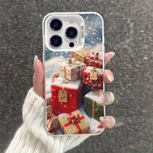 Una caja de regalo con temática navideña que presenta copos de nieve y diseños invernales, también disponible en versiones con temática de Halloween.Esta funda de teléfono moderna y linda es compatible con Apple  16, 15, 14, 13, 12, 11 Pro Max, Pro Plus y 16E. - Colores mixtos - Ver 5
